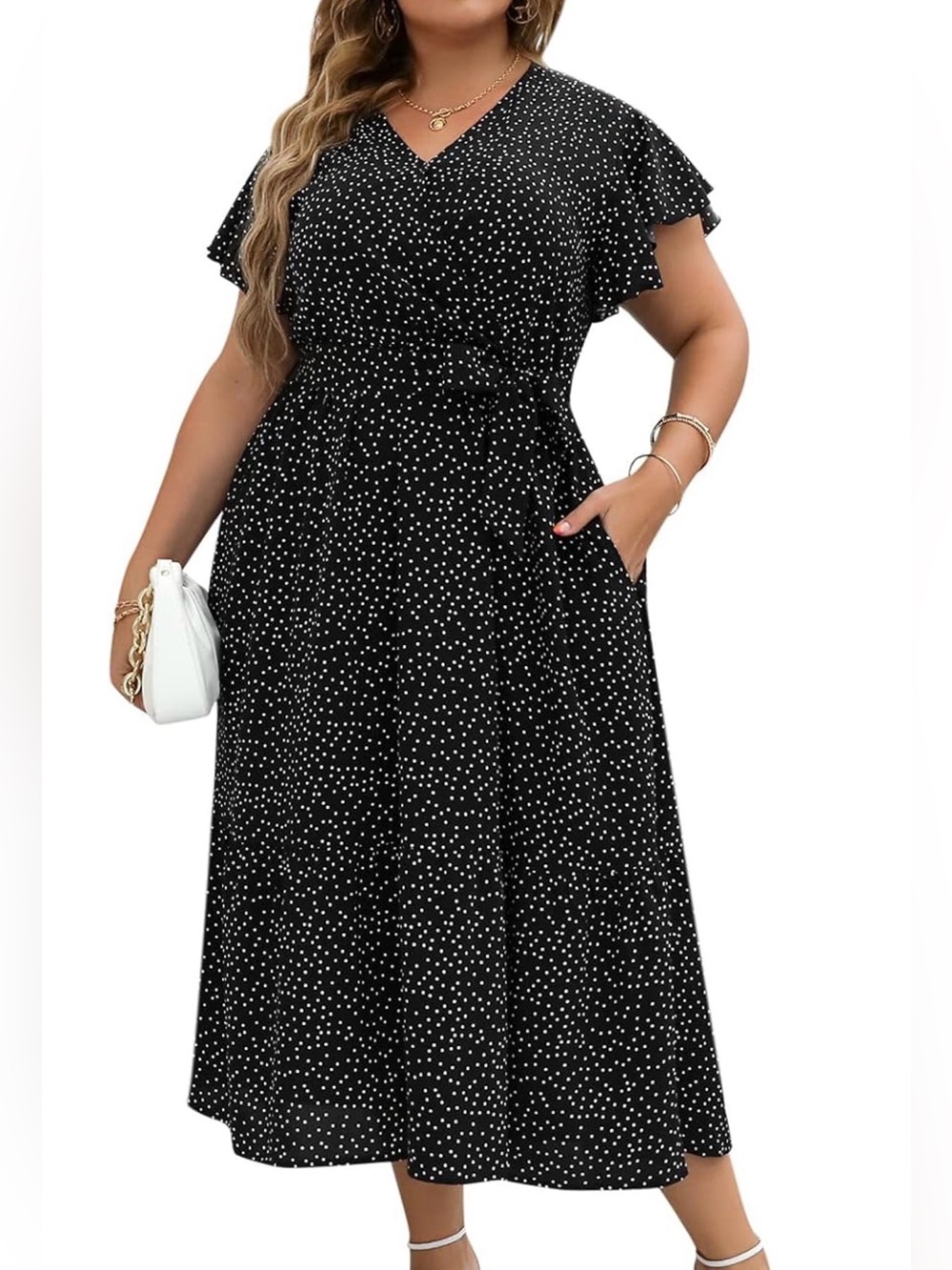 Plus Size Black Polka Dot Ruffle Short-Sleeve V-Neck Maxi/Midi Dress